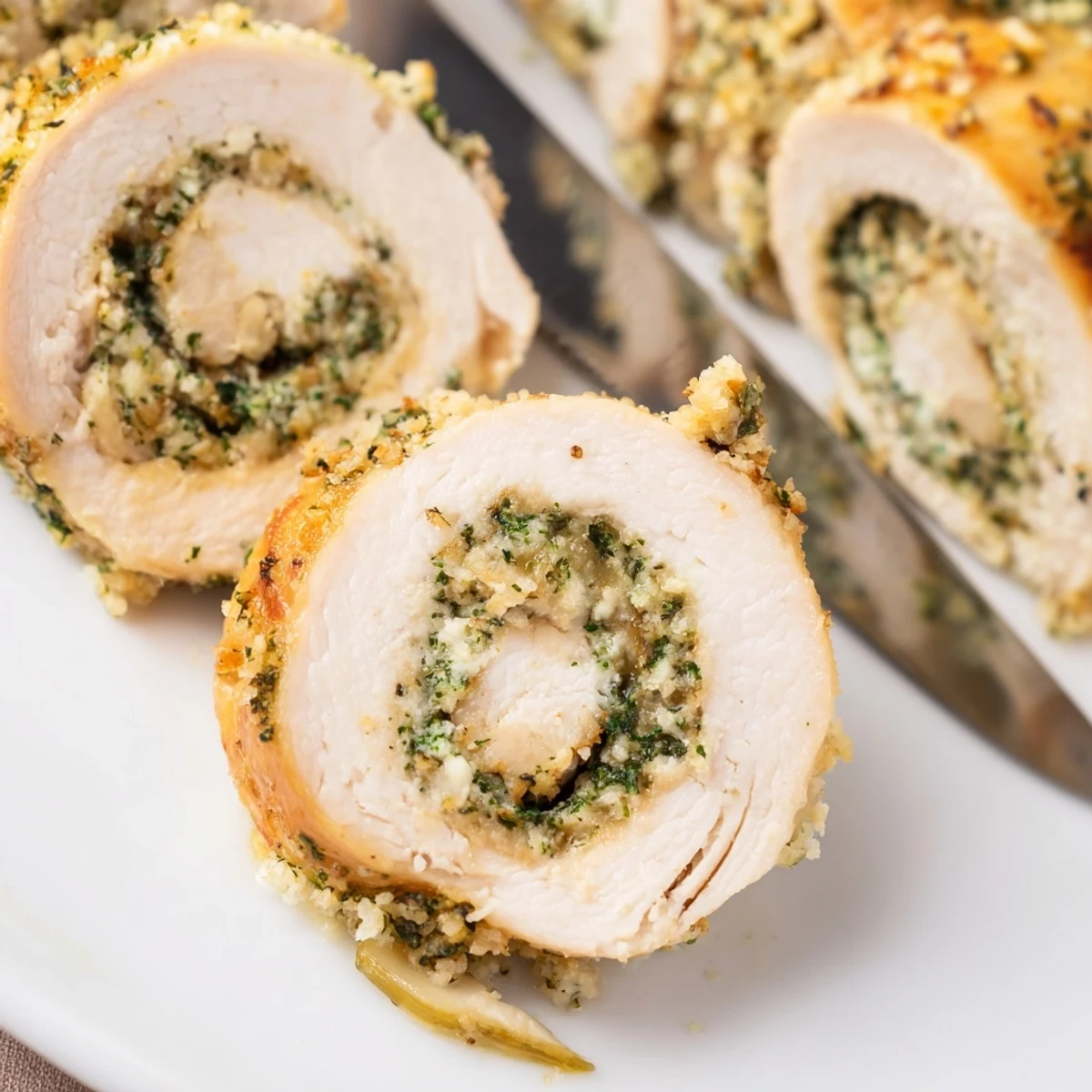 Golden brown herbed ricotta stuffed chicken rolls baked on a white ceramic baking sheet