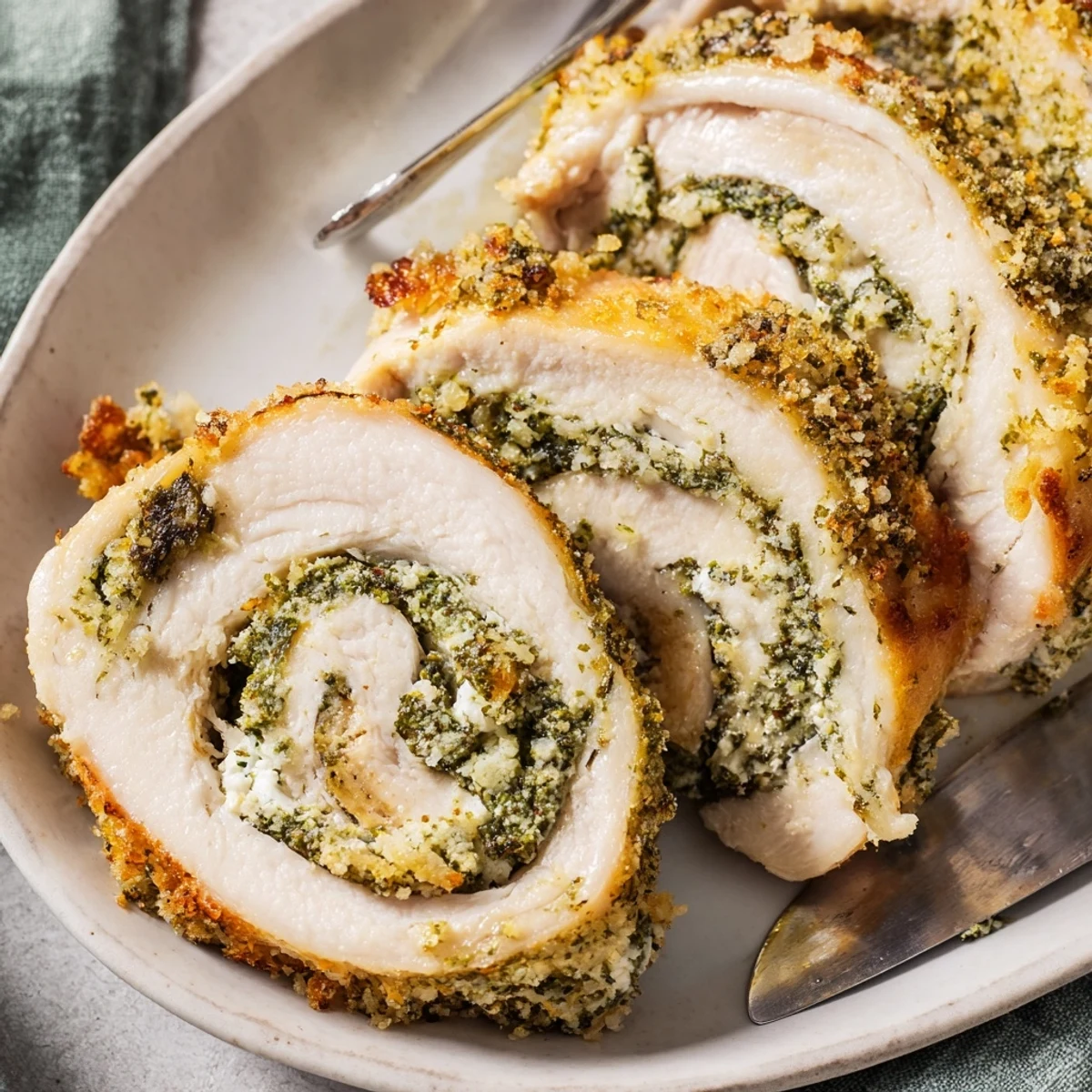 Tender chicken breast rolls filled with creamy ricotta cheese and fresh herbs, sliced to reveal the filling