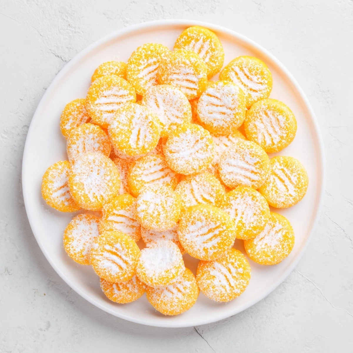 Handheld orange cream cheese mints arranged on a white serving plate with fork impressions