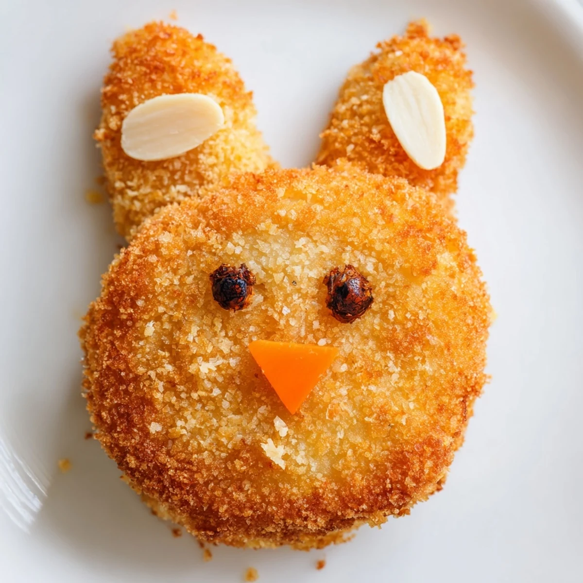 Golden crispy Easter Bunny Potato Croquettes with almond ears and carrot noses arranged on a white serving platter