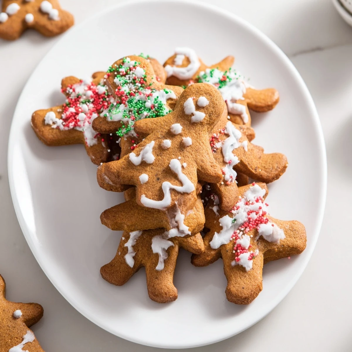 Golden brown classic gingerbread cookies shaped like stars and hearts with white icing drizzle