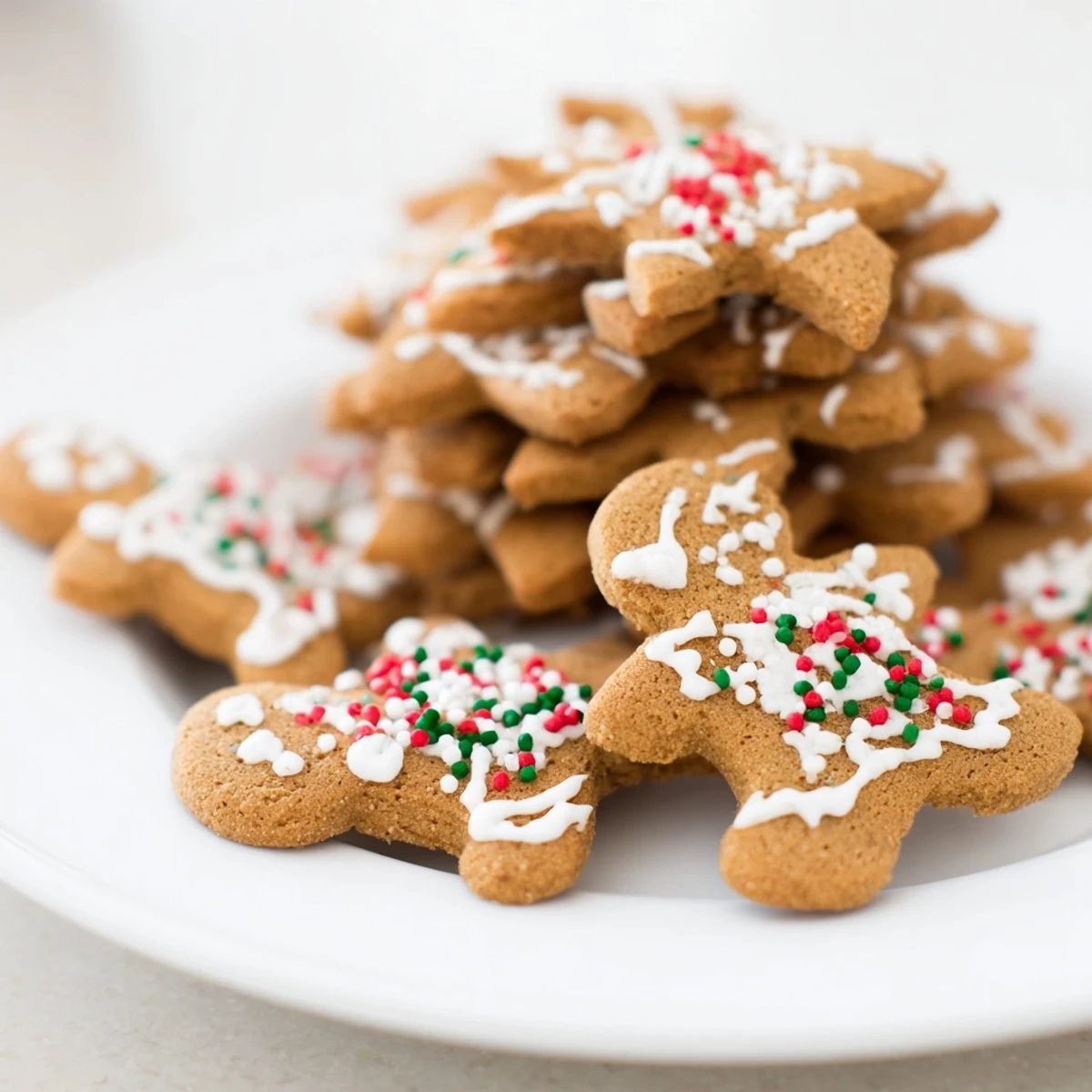 Soft spiced gingerbread cookies arranged on festive plate decorated with colorful sprinkles for holidays