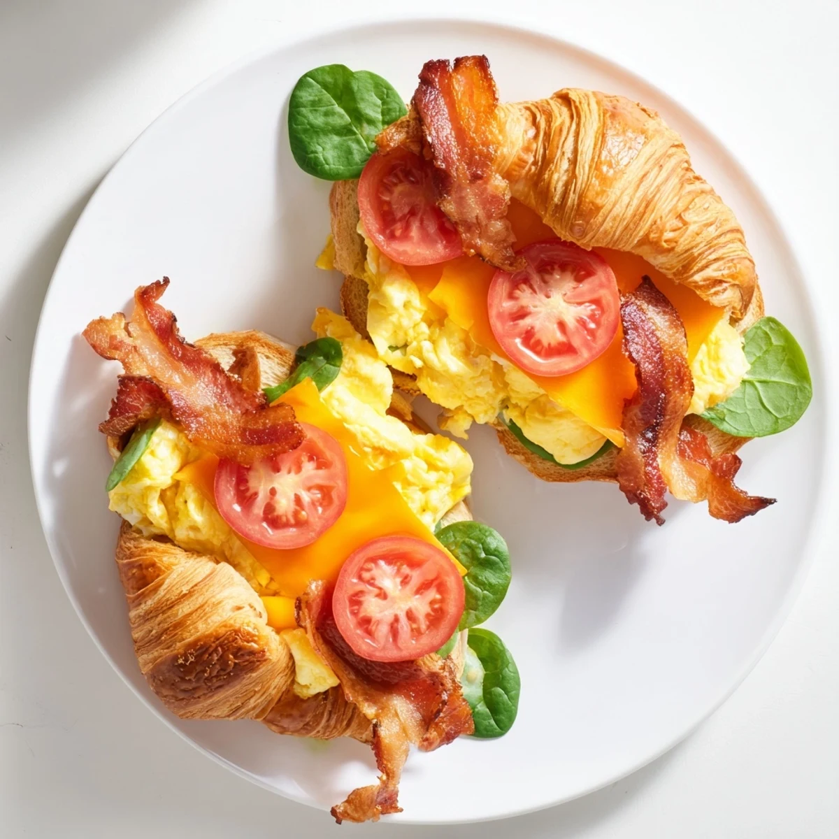 Golden croissant breakfast sandwiches layered with fluffy scrambled eggs crispy bacon and melted cheddar cheese on a wooden board
