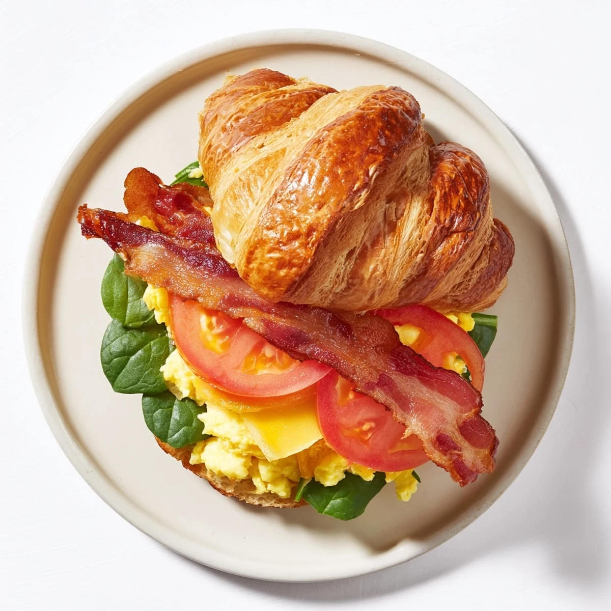 Handheld croissant breakfast sandwiches featuring soft eggs crunchy bacon and melty cheese with fresh spinach on a rustic serving platter