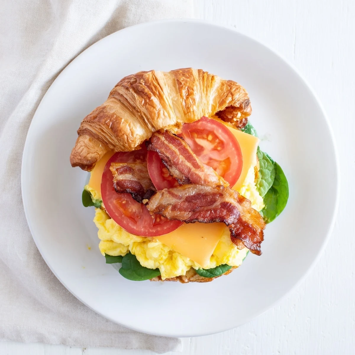Flaky buttery croissant halves stuffed with savory eggs bacon fresh tomato slices and cheese ready for a hearty breakfast
