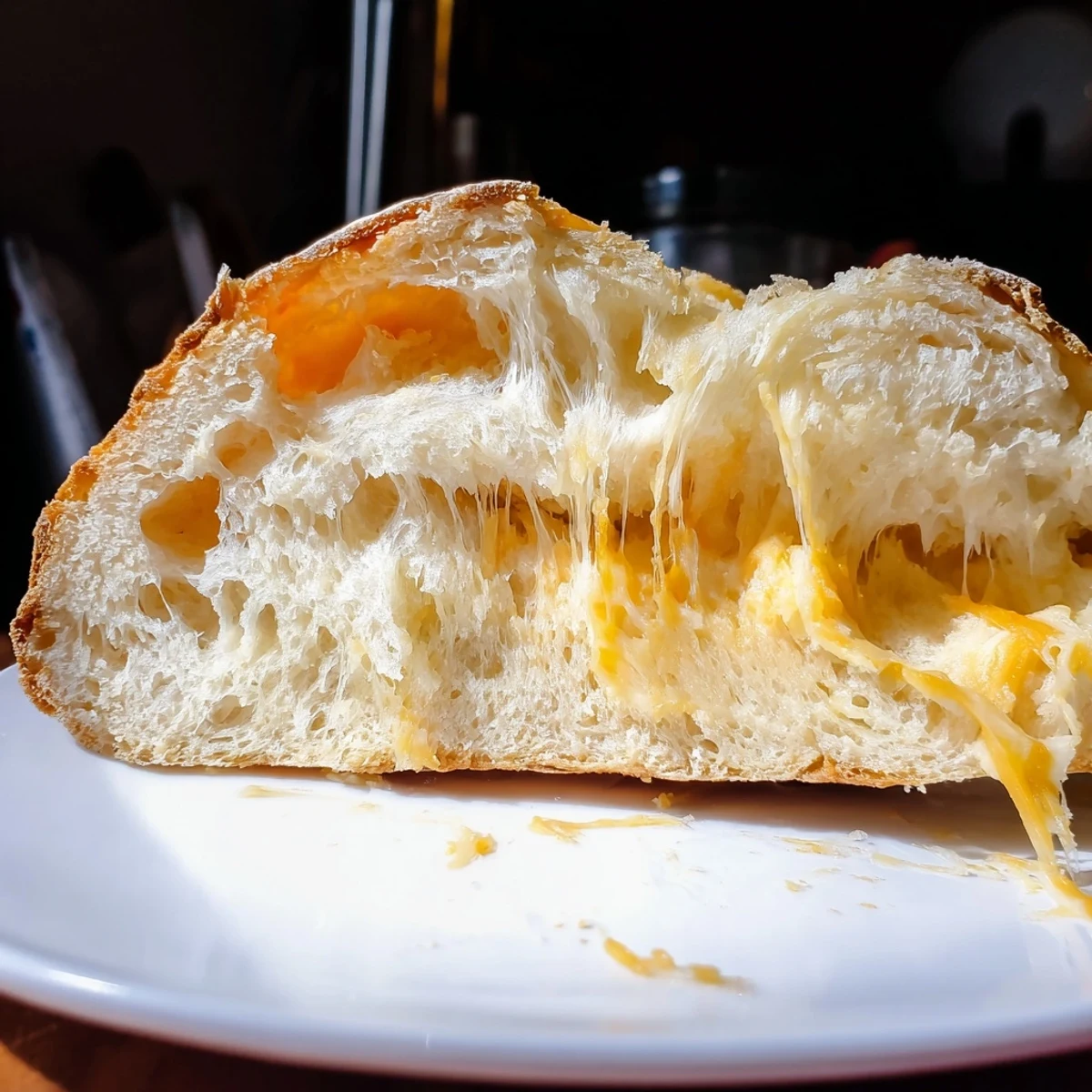 Sliced homemade no knead cheddar bread showing pockets of melted sharp cheddar cheese