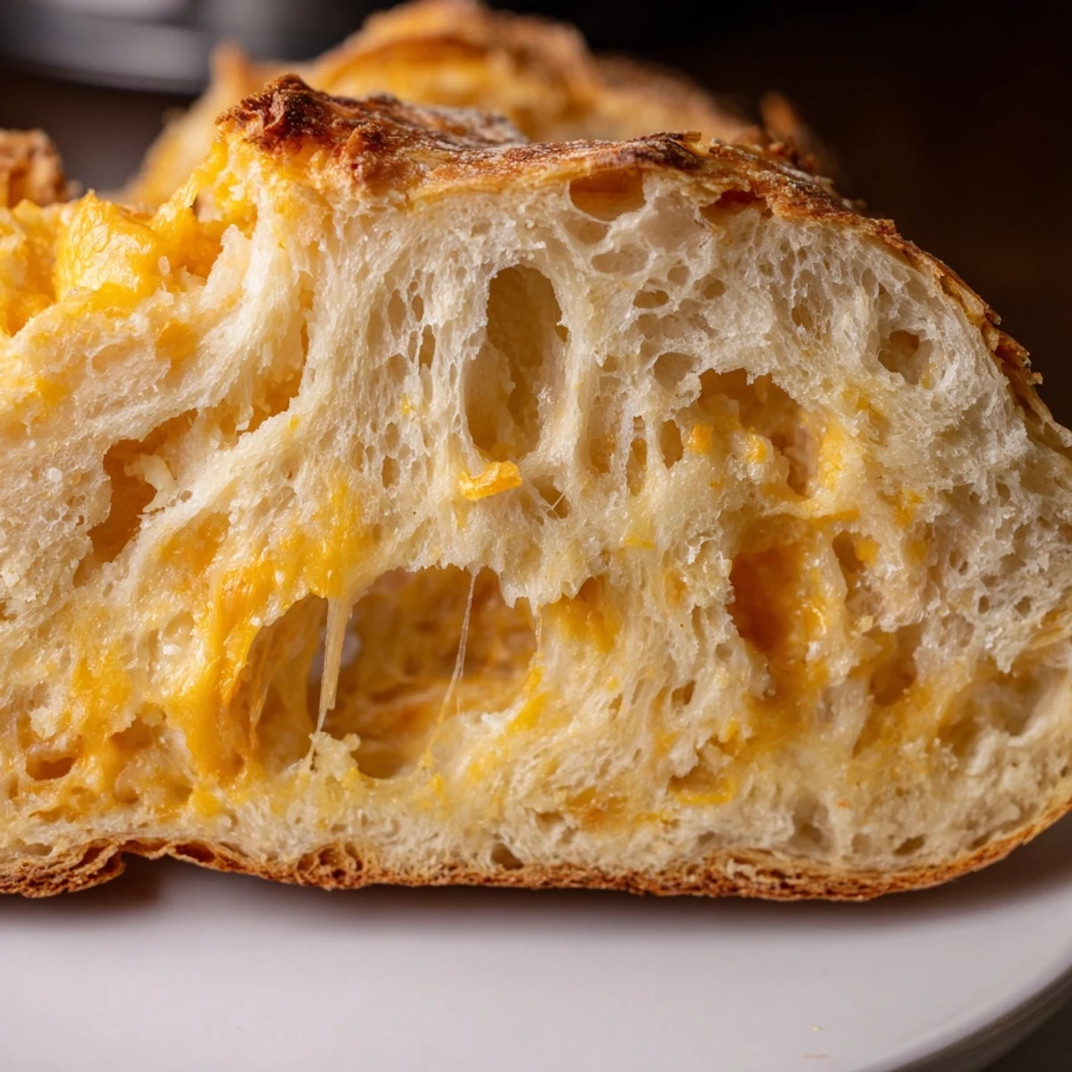 Freshly baked no knead cheddar bread loaf cooling on a wire rack with golden crust
