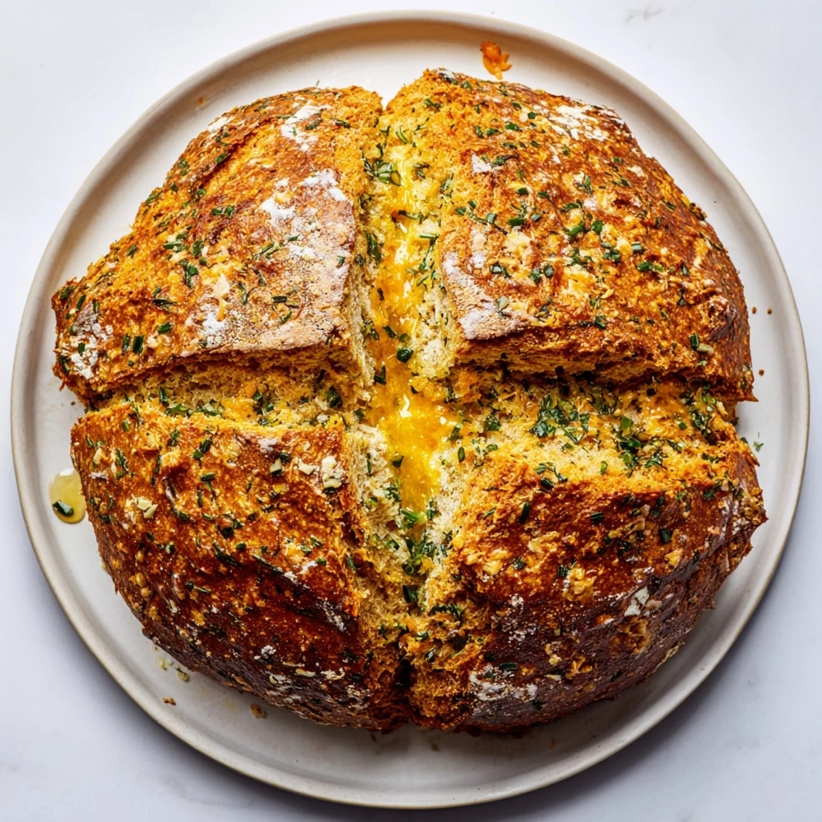 Golden brown cheddar and herb soda bread loaf with a cross pattern on top