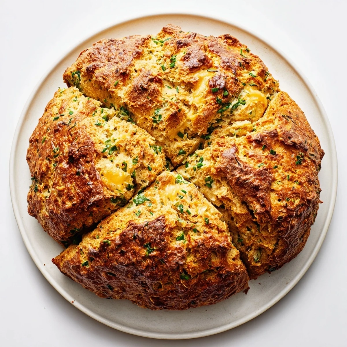 Warm slice of rustic cheddar and herb soda bread spread with melting butter