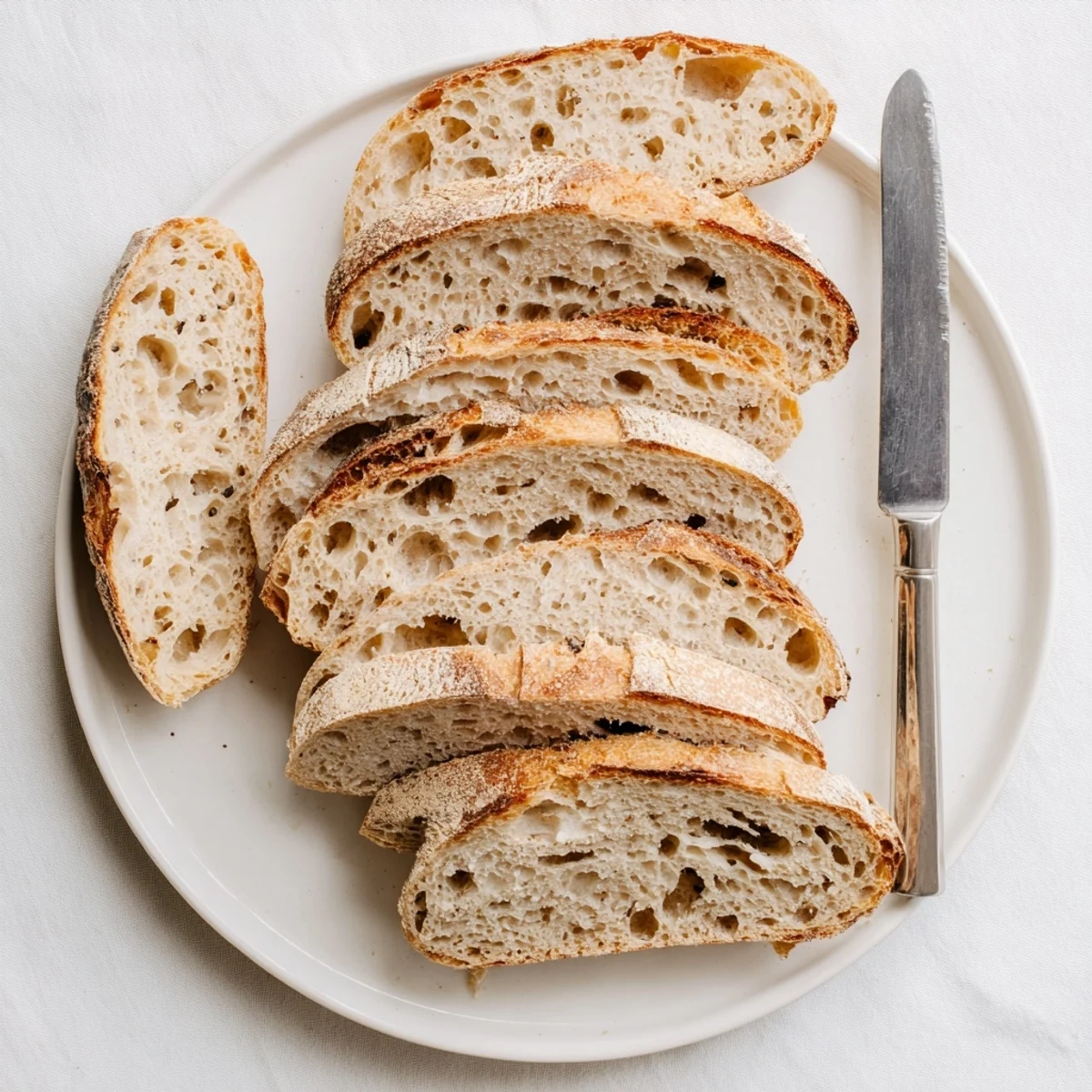 Golden brown homemade sourdough bread loaf with cracked crust on wooden board