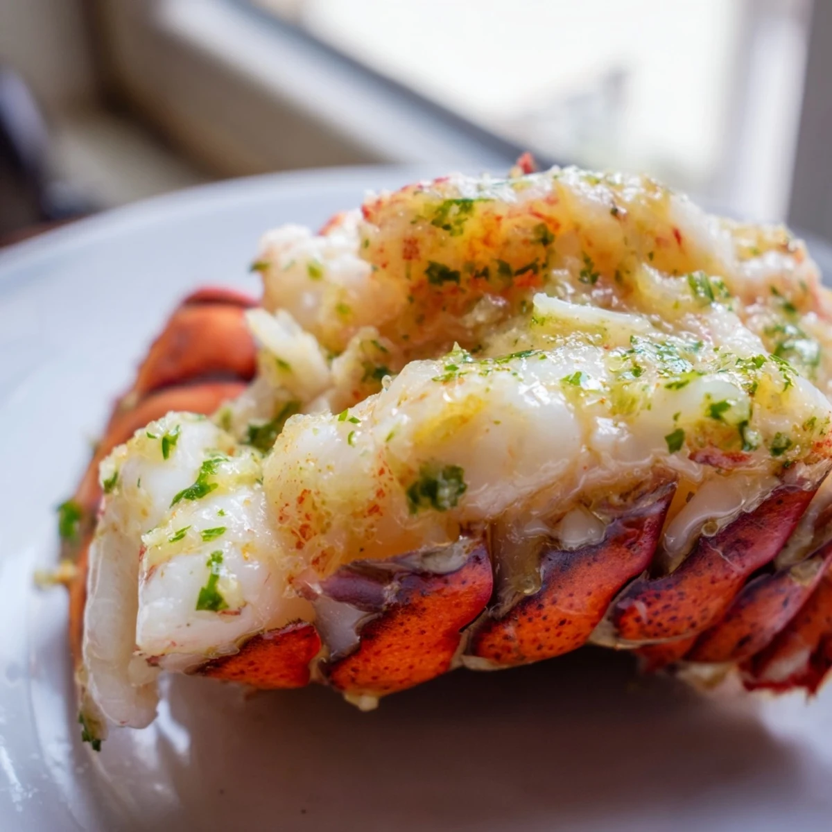 Tender lobster meat sizzling in rich garlic butter sauce on a baking sheet