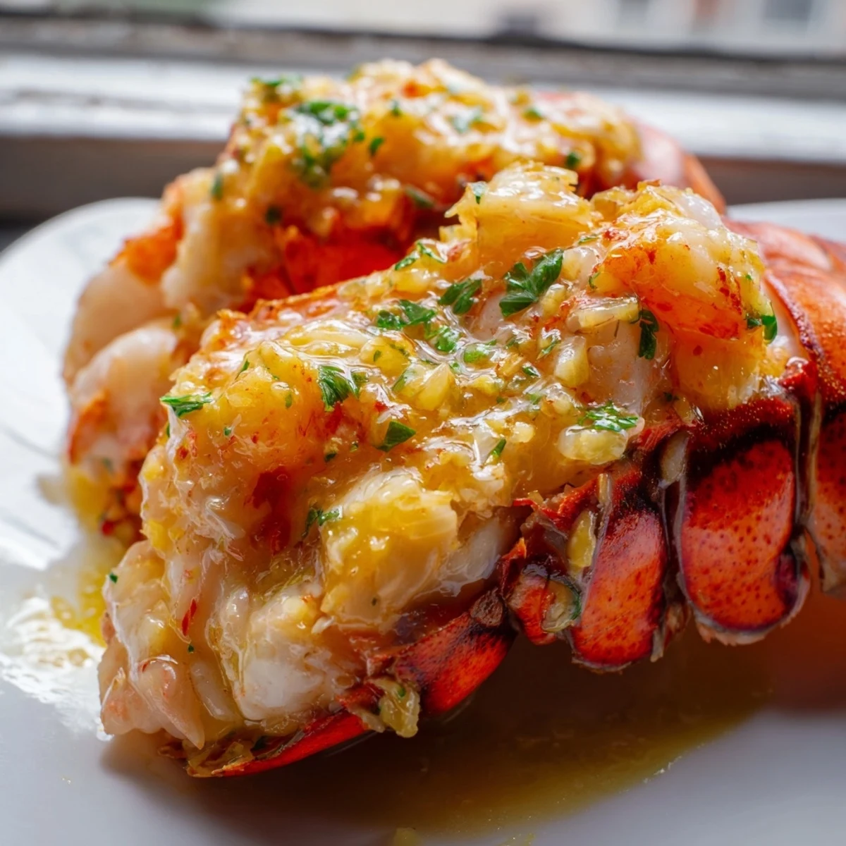 Golden baked garlic butter lobster tails brushed with parsley and lemon zest