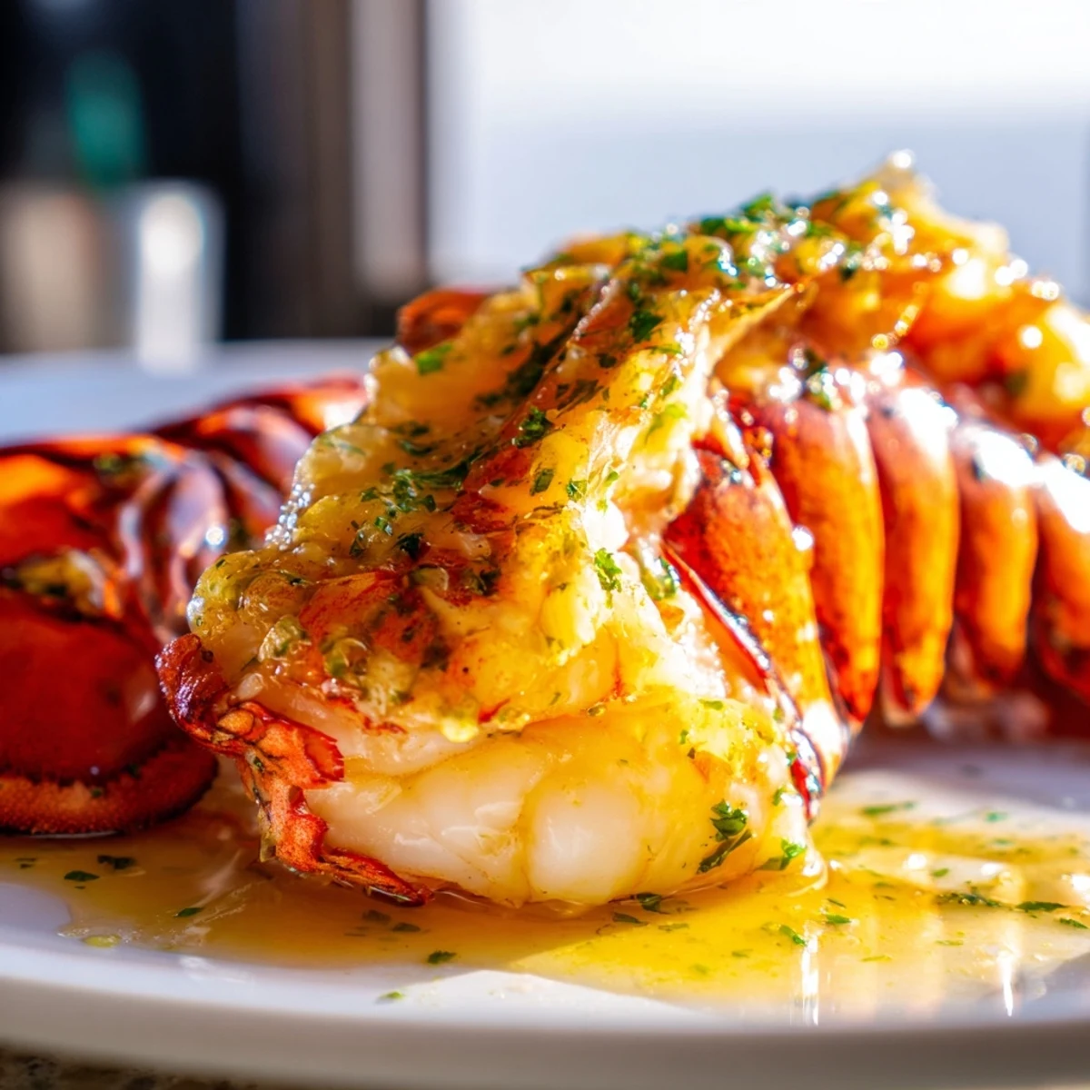 Elegant roasted lobster tails dripping with melted garlic butter and fresh parsley garnish
