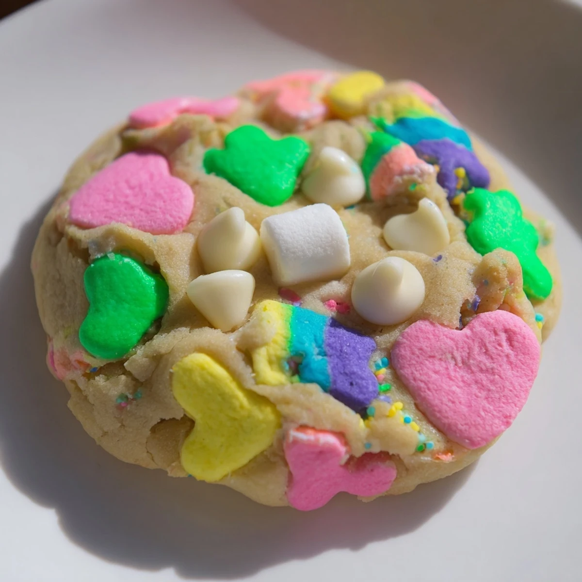 Golden brown Lucky Charms cookies studded with colorful marshmallow bits on a white plate