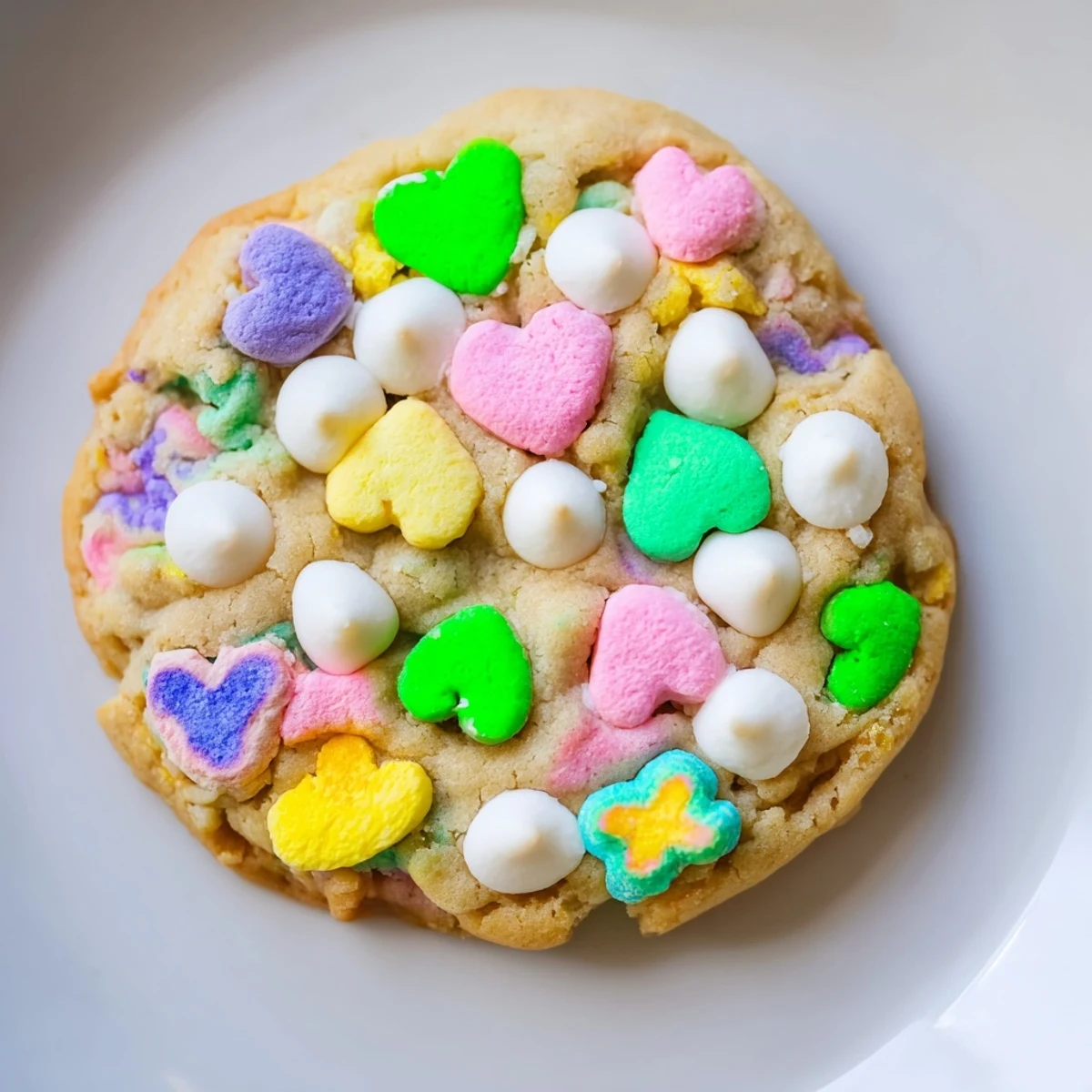 Freshly baked Lucky Charms cookies topped with rainbow marshmallows on a baking sheet