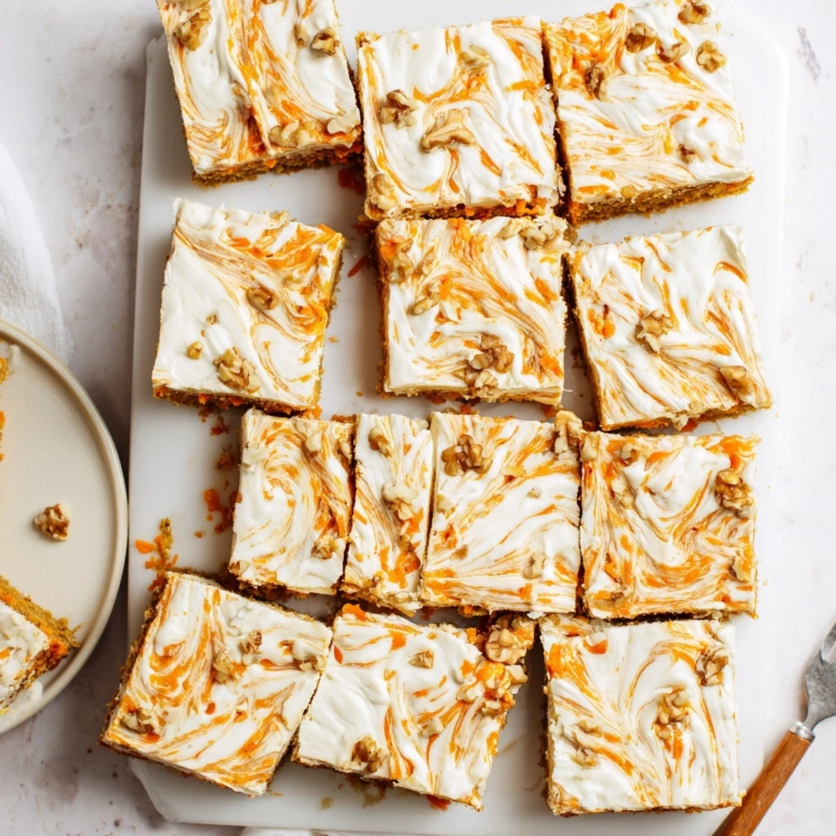 Moist spiced carrot cake layered with tangy cream cheese filling, cut into neat squares for easy serving