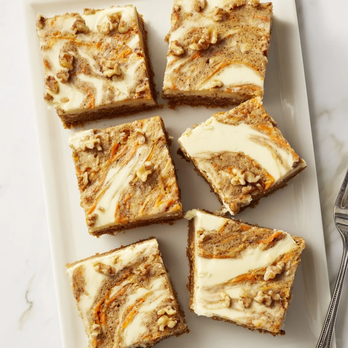 Golden carrot cake cream cheese bars with marbled swirls and a crumbly texture on a white serving plate