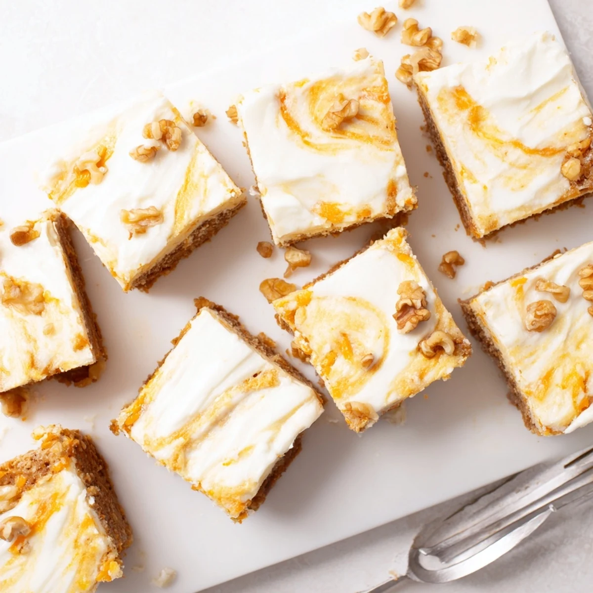 Homemade carrot cake cream cheese bars topped with grated carrot bits and a smooth vanilla cream cheese swirl