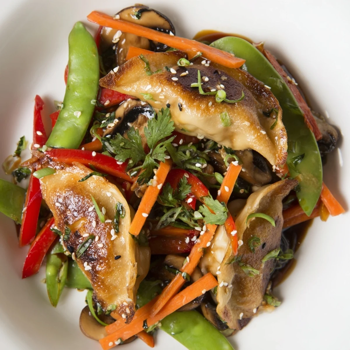 Golden potsticker stir fry with colorful snap peas and bell peppers in savory sauce