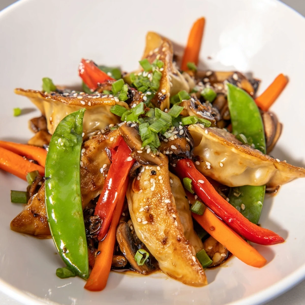 Crispy potstickers tossed with fresh vegetables and sesame seeds in a glossy stir fry