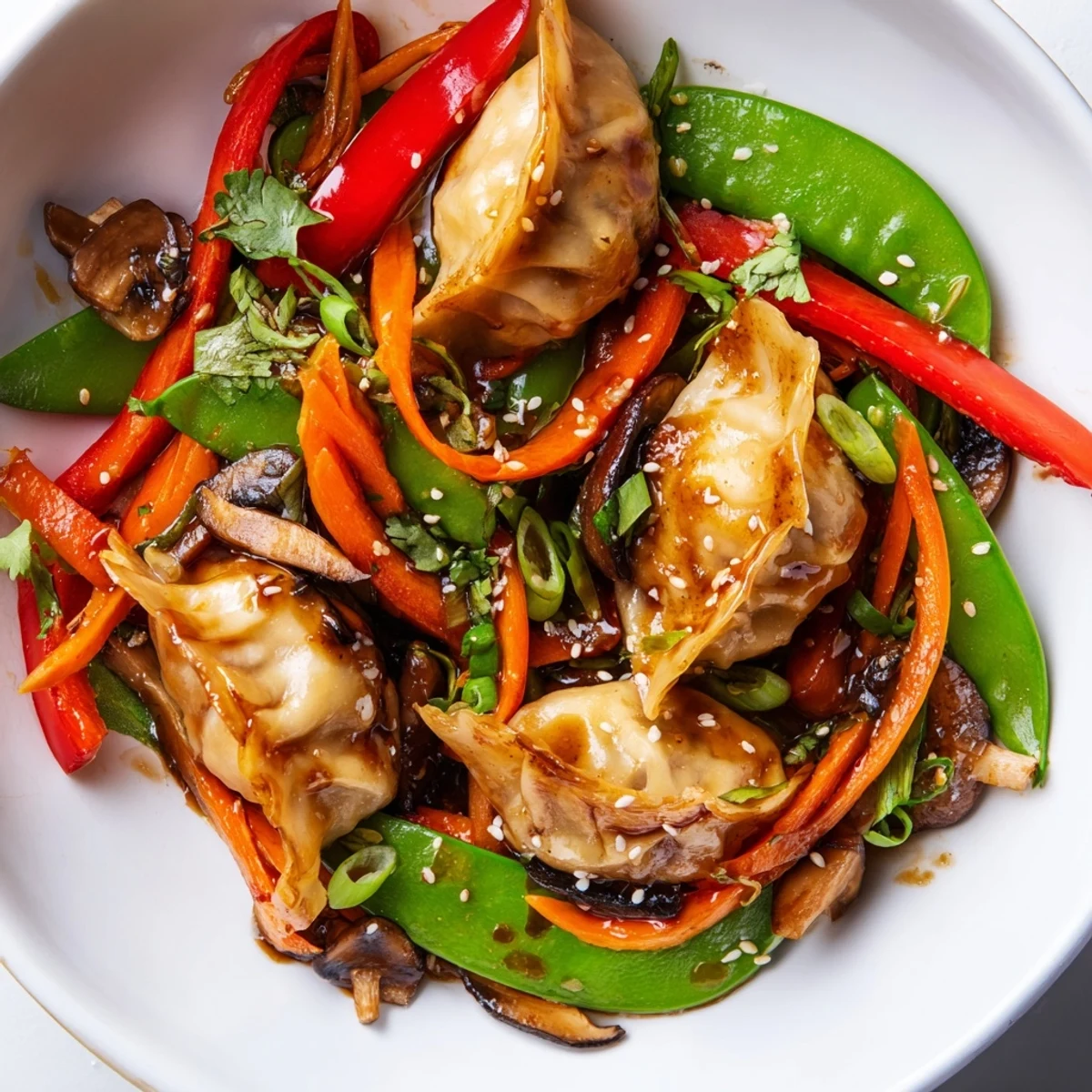 Vibrant potsticker stir fry featuring tender dumplings and crisp veggies garnished with fresh cilantro