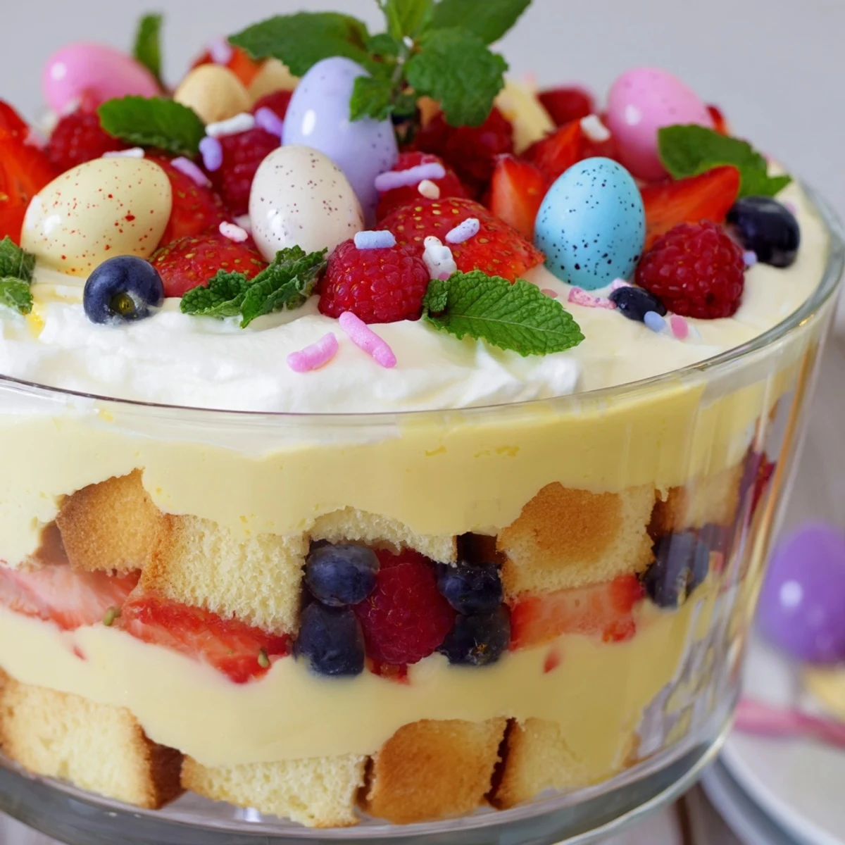 Easter trifle dessert topped with chocolate eggs sprinkles and fresh mint garnish