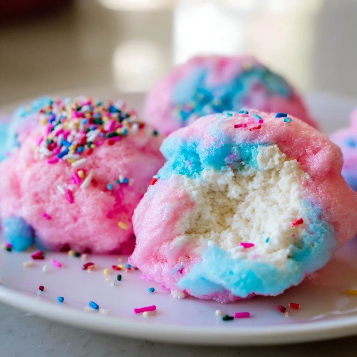 Mini cotton candy cheesecake puff balls with fluffy pastel coating and creamy centers.