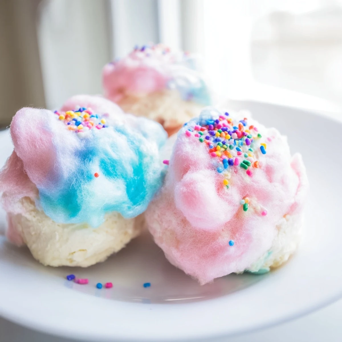Bite-sized mini cotton candy cheesecake puff balls topped with colorful sprinkles for parties.
