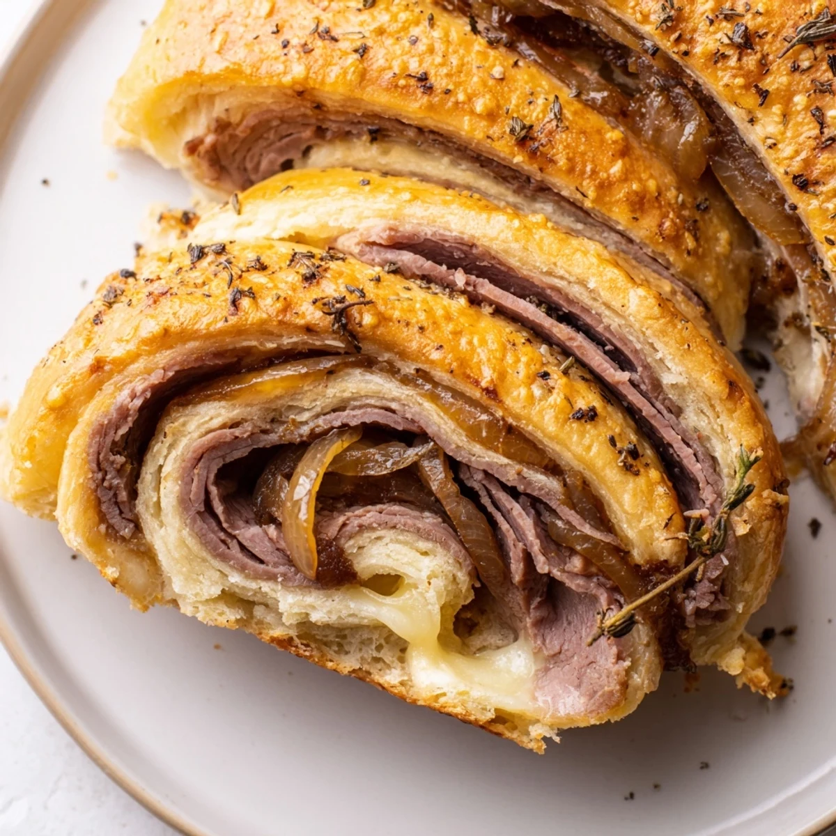 Golden beef and cheese French dip roll ups with savory au jus in a rustic bowl
