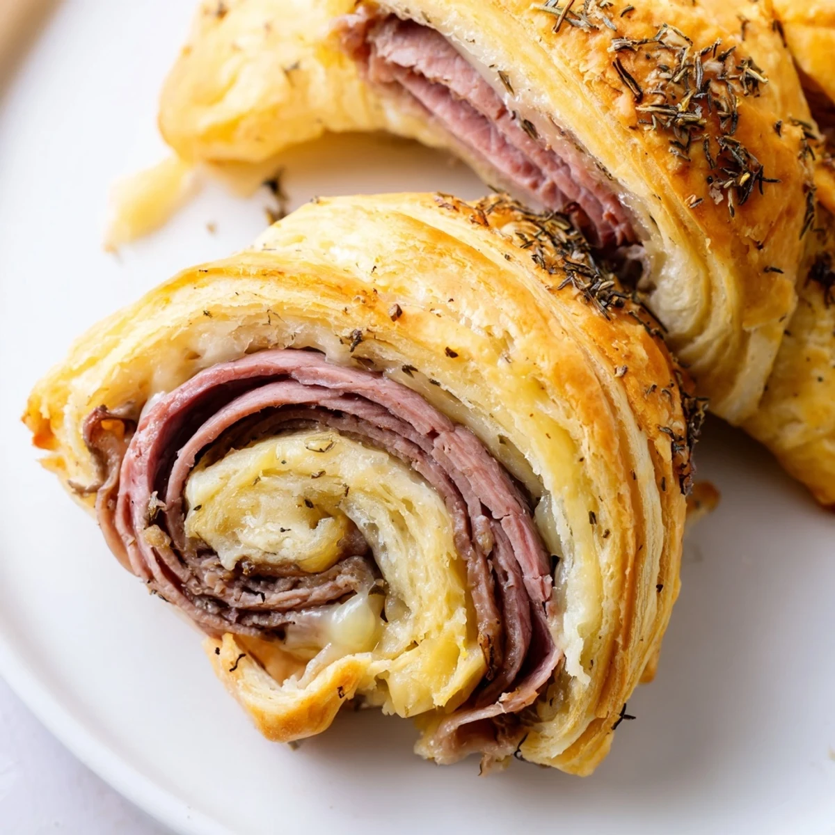 Crescent dough beef and cheese French dip roll ups bubbling with melted provolone cheese