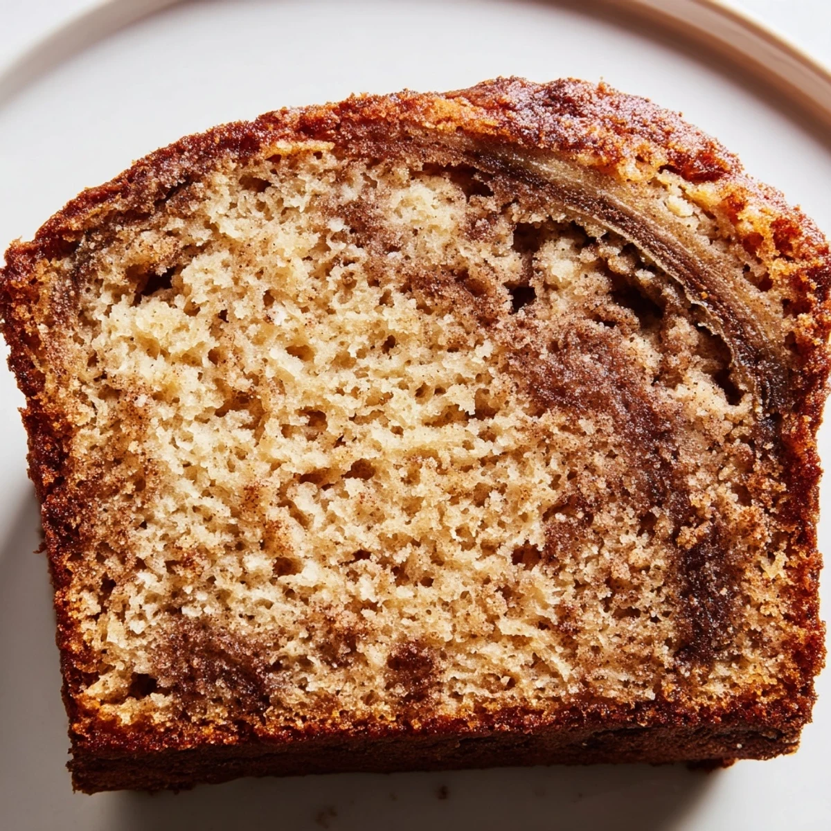 Golden Cinnamon Sugar Swirl Banana Bread loaf with crackly sweet topping cooling on wire rack