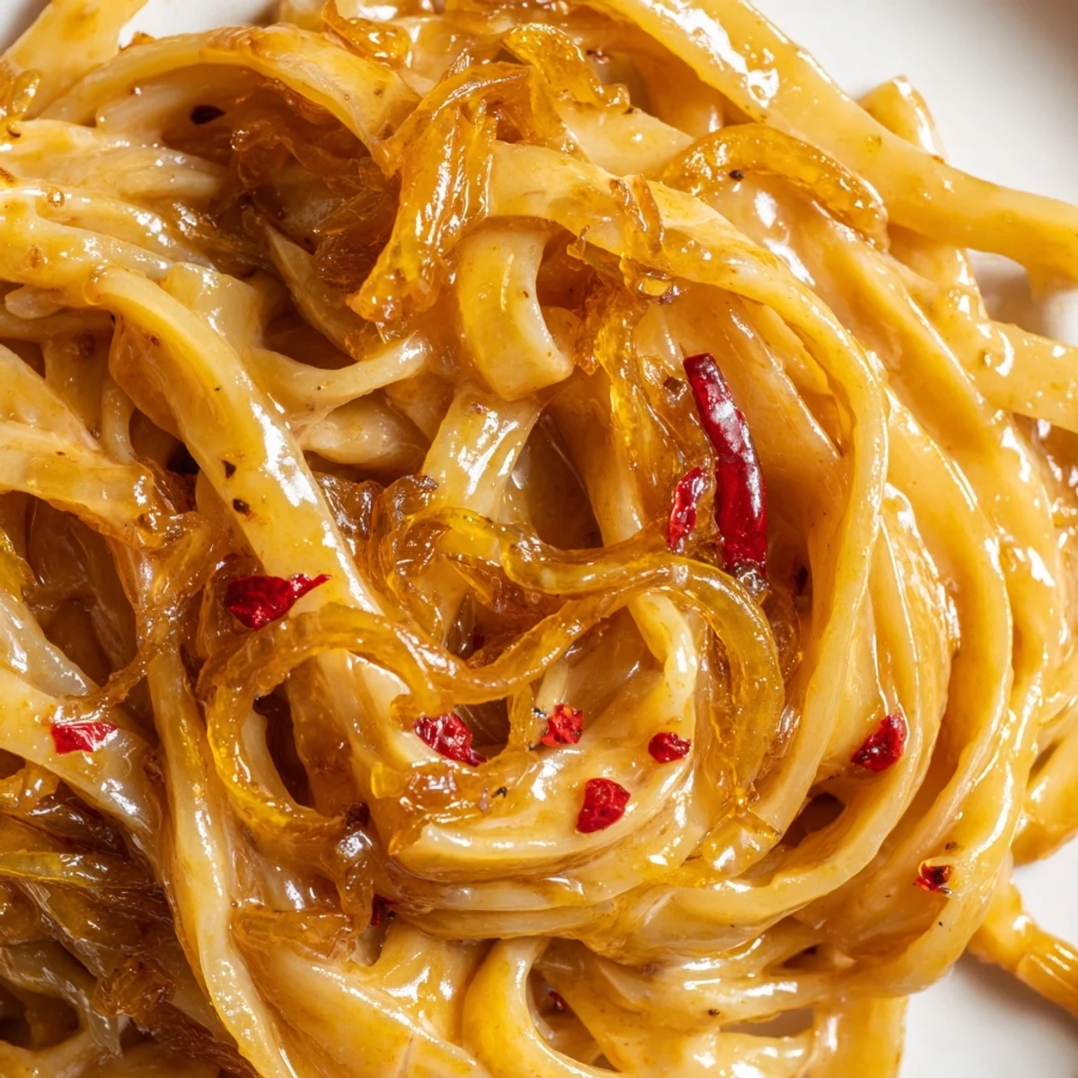 Creamy Sweet Heat Caramelized Onion Fettuccine topped with fresh parsley and Parmesan cheese