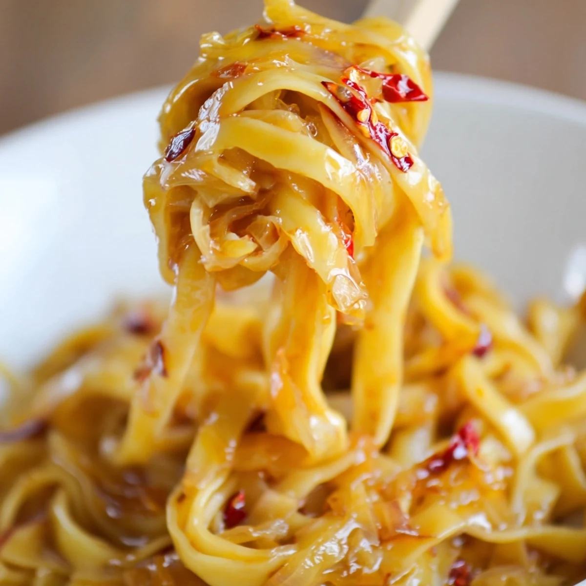 Golden caramelized onions coat Sweet Heat Caramelized Onion Fettuccine in a creamy, spicy sauce