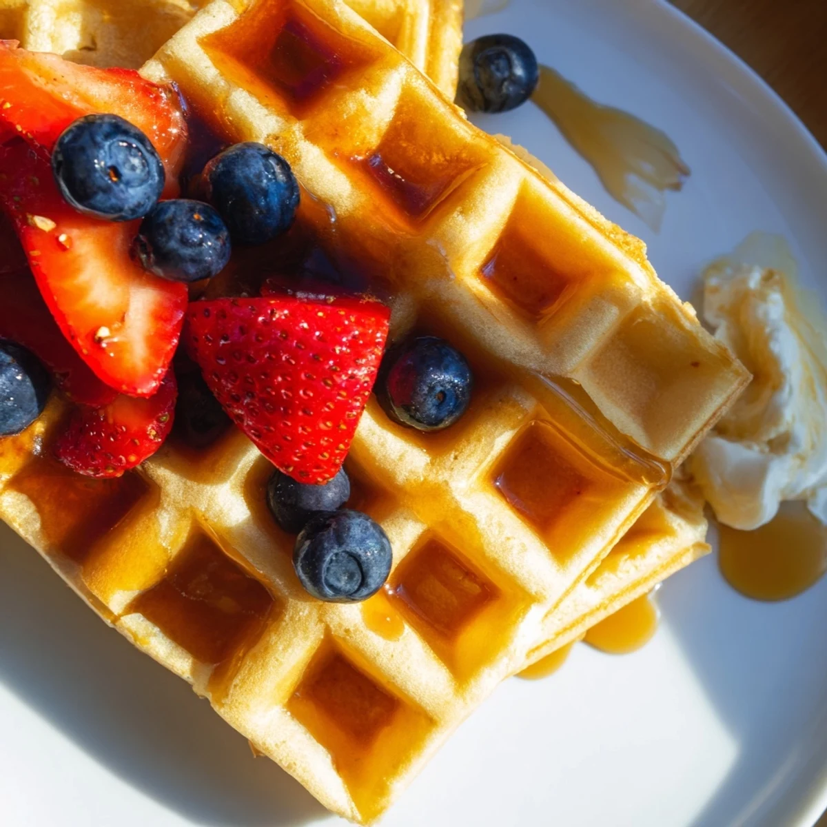 Golden crispy Greek yogurt waffles stacked on a plate with melted butter and maple syrup