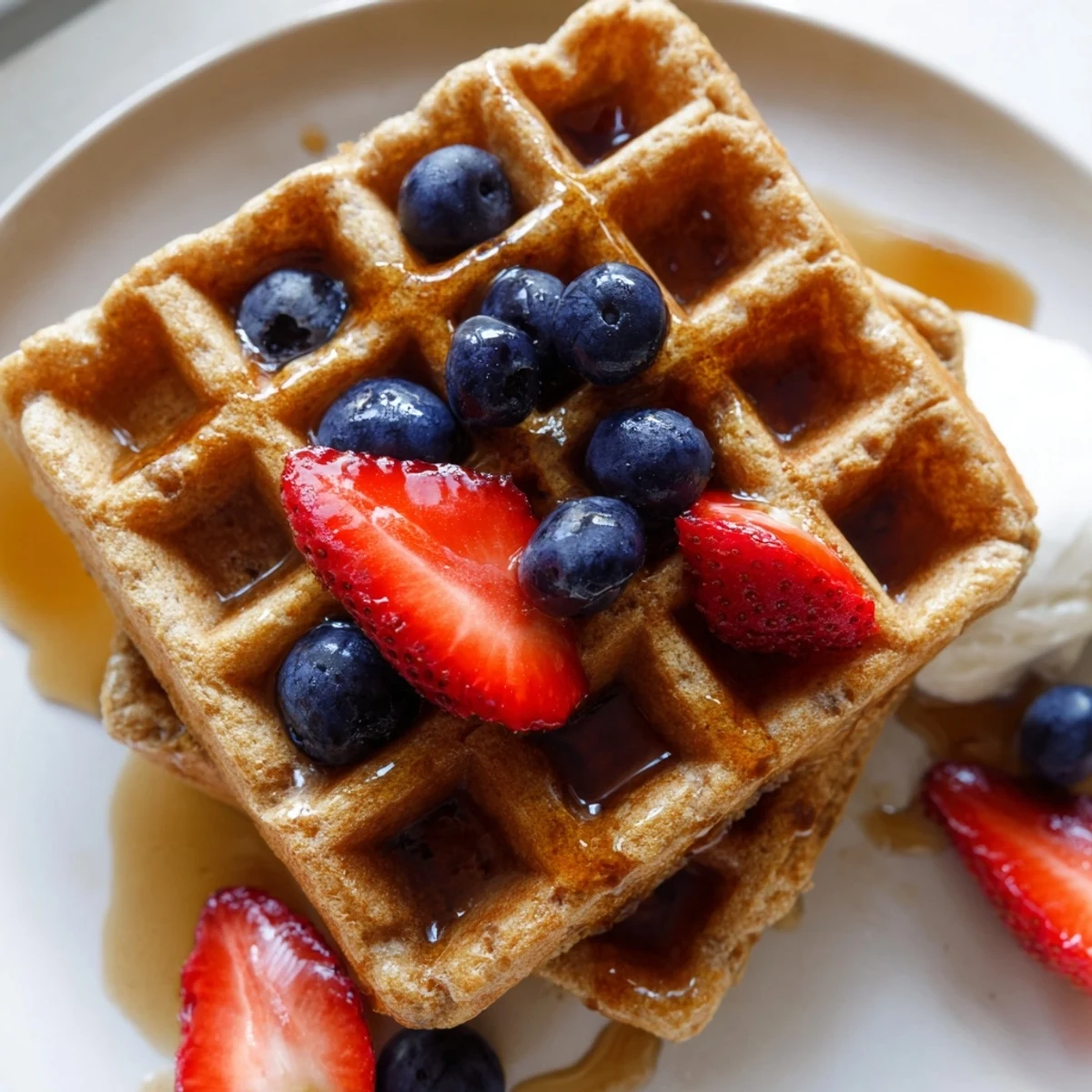 Fluffy Greek yogurt waffles topped with fresh berries and drizzled honey for breakfast
