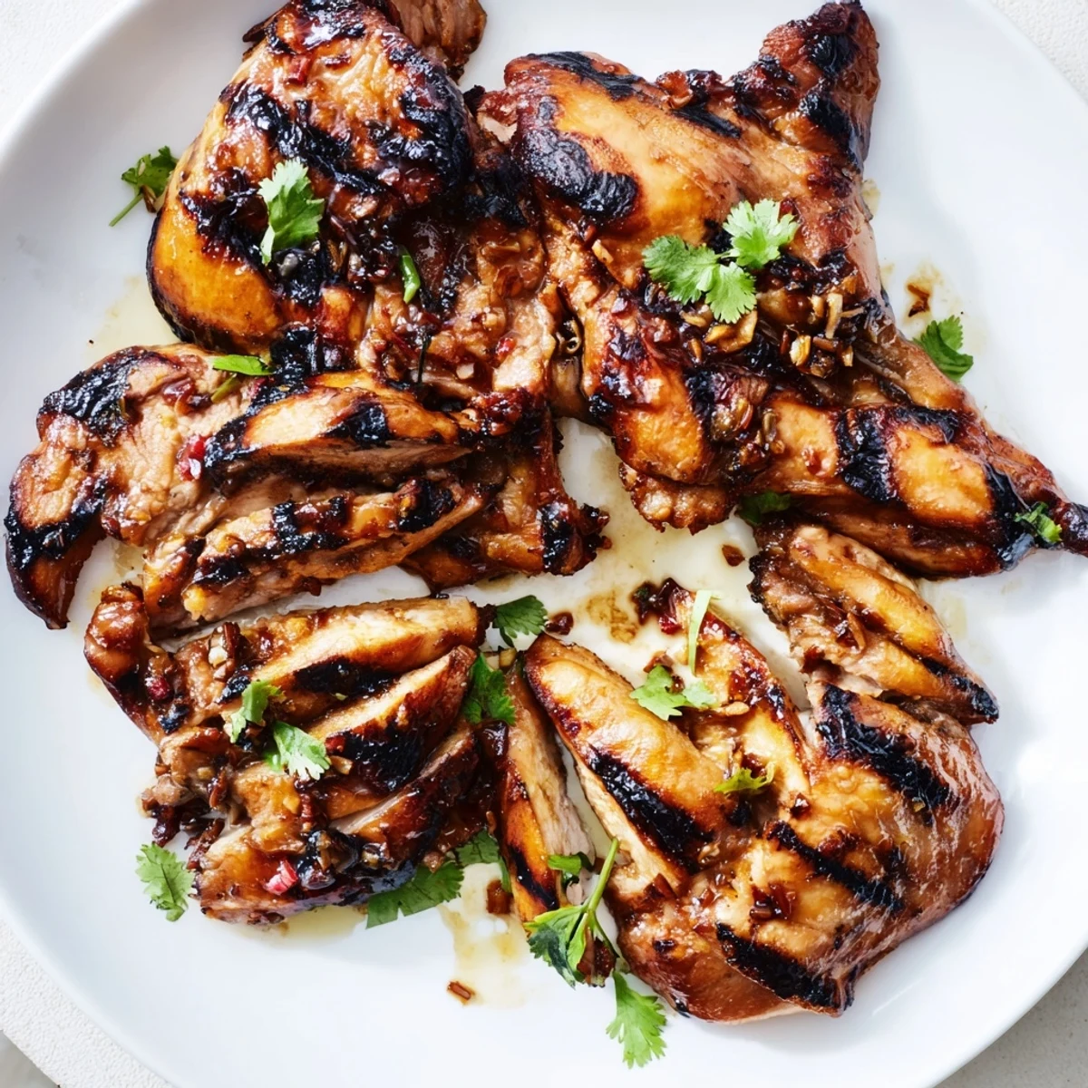Grilled Vietnamese Chicken with charred edges on a white plate with fresh cilantro garnish