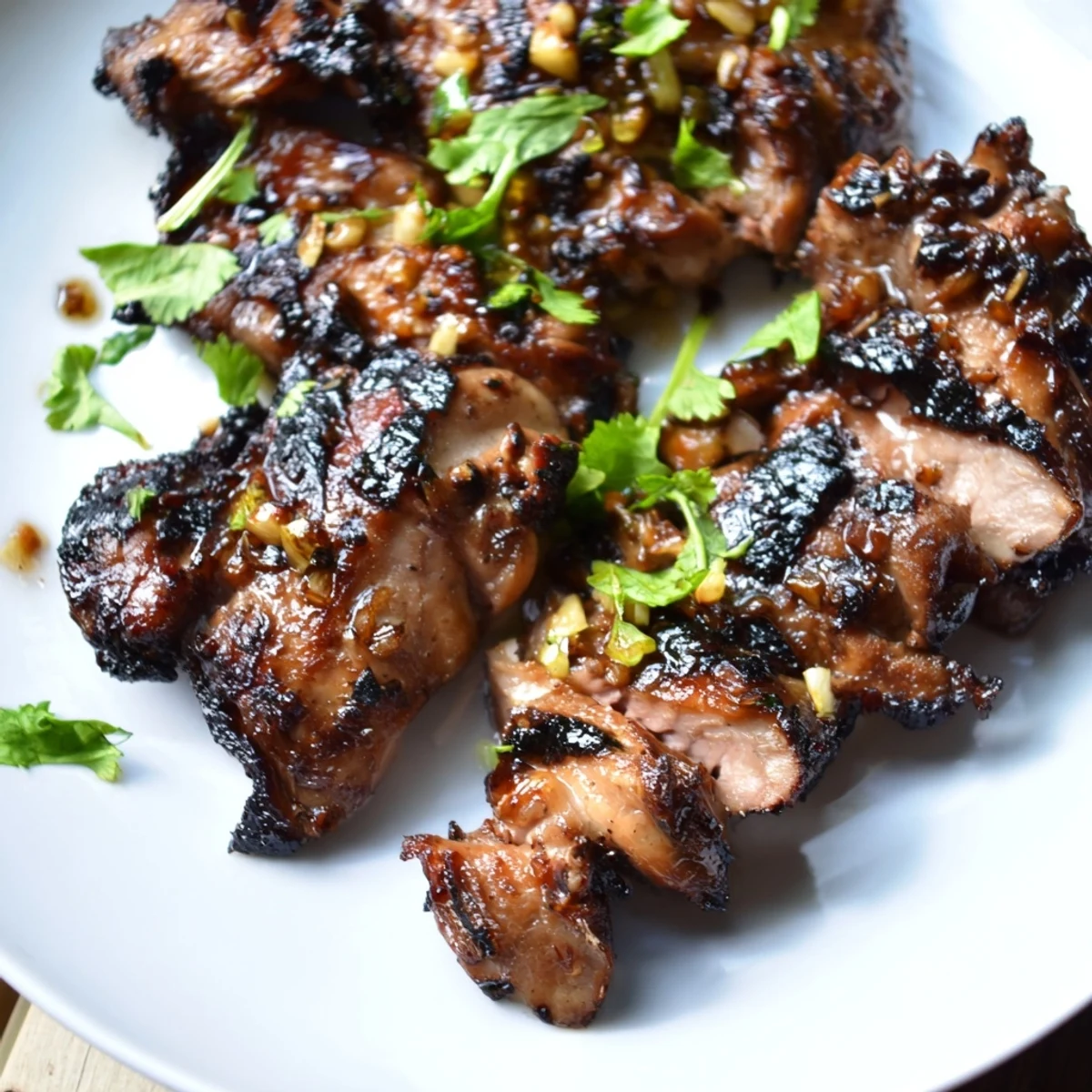 Juicy Grilled Vietnamese Chicken sliced and served with lime wedges and cucumber rounds