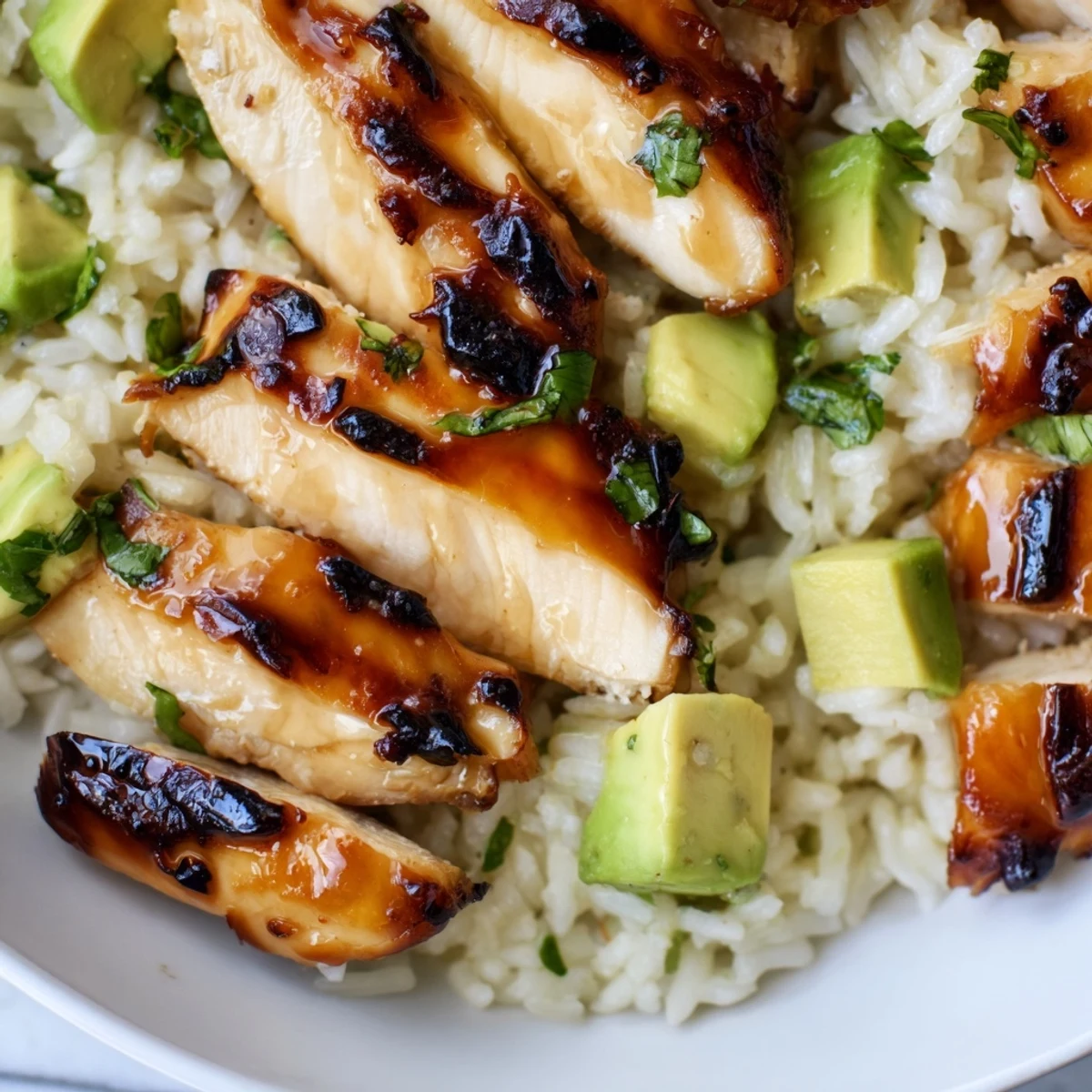 Golden honey lime chicken sliced and served over creamy green avocado rice with fresh cilantro