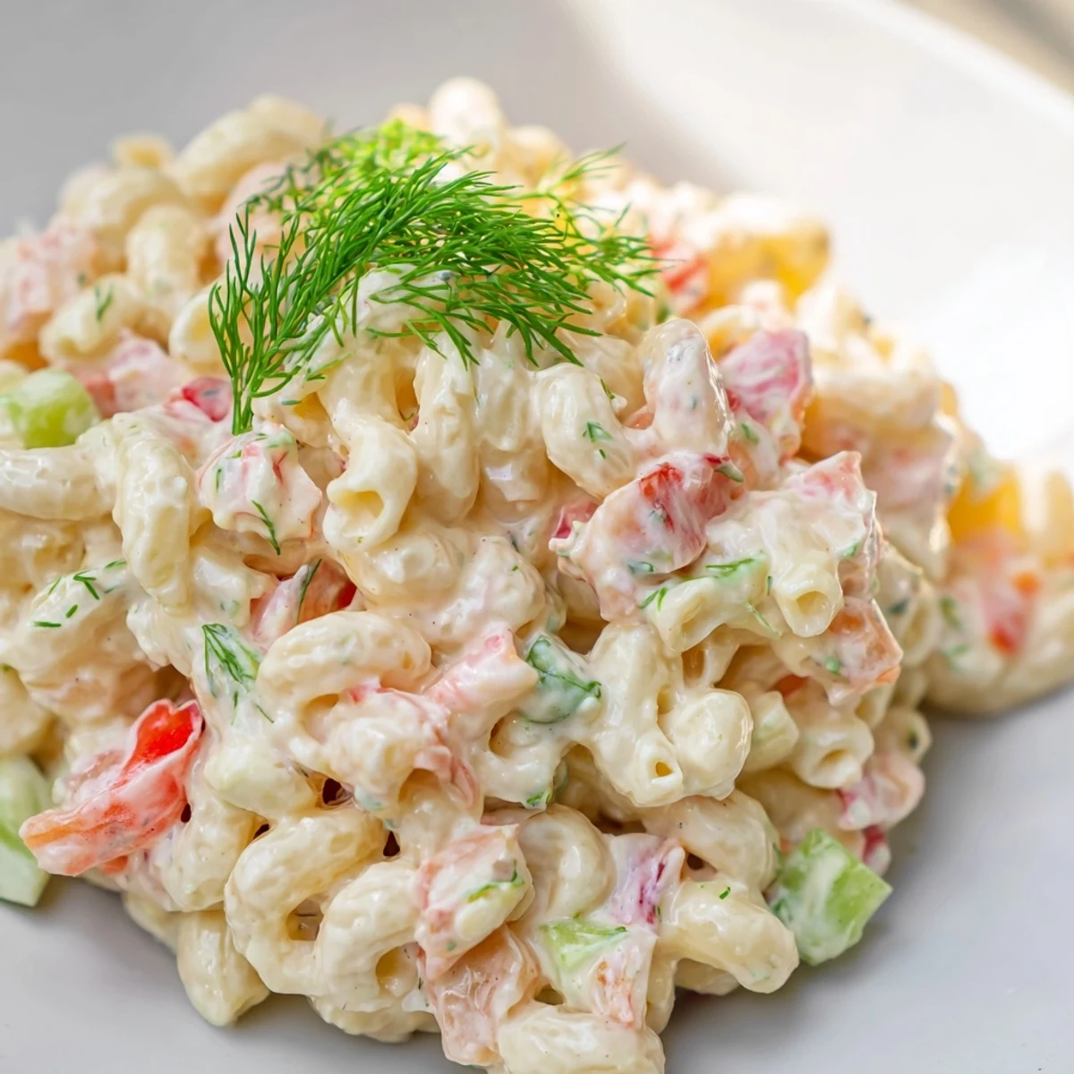 Chilled shrimp macaroni salad served in a bowl with fresh dill garnish for summer picnics