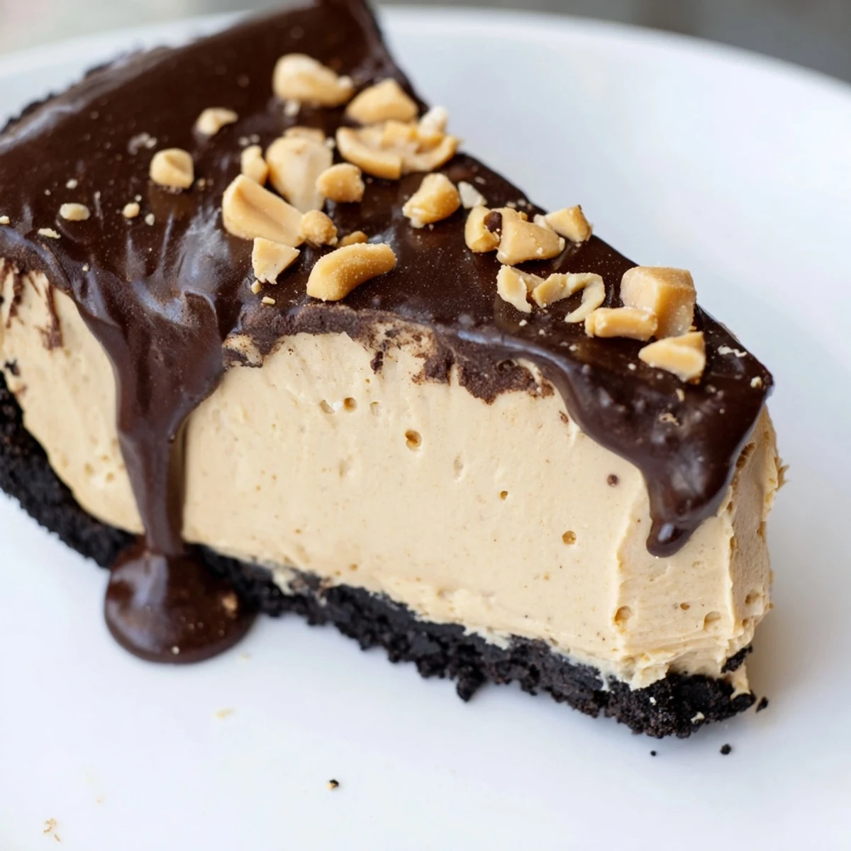 No bake peanut butter pie in chocolate cookie crust with fluffy whipped filling