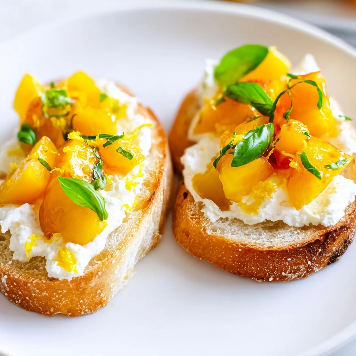 Golden toasted baguette rounds topped with creamy ricotta and sweet Sun Kissed Peach Bruschetta