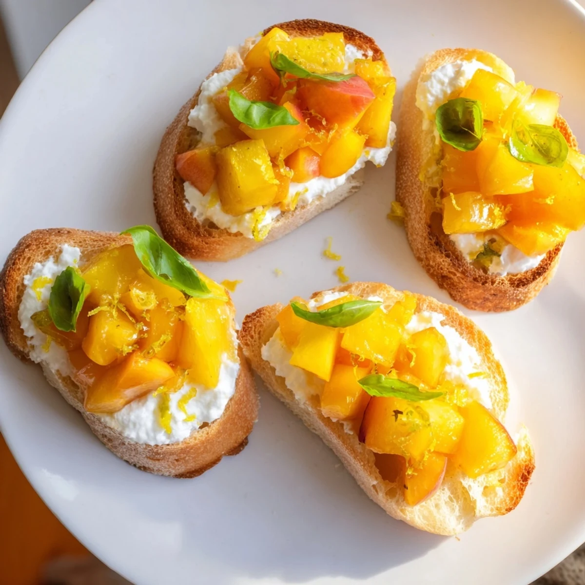 Fresh diced peaches and basil blanket crispy bread in this colorful Sun Kissed Peach Bruschetta appetizer