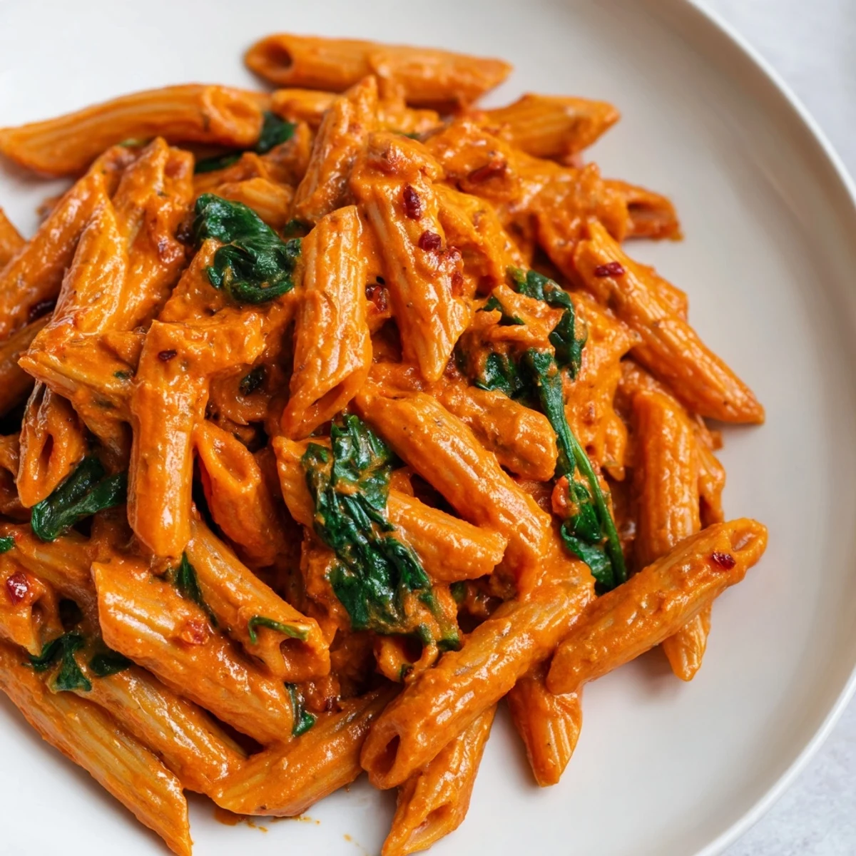 Creamy sun dried tomato vegan pasta in a velvety orange sauce topped with fresh basil leaves