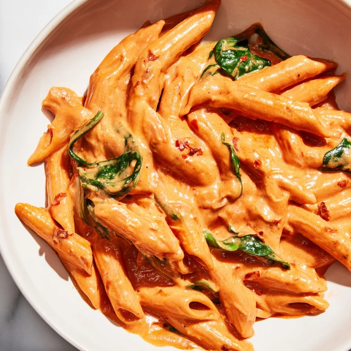 Twirled penne coated in creamy sun dried tomato vegan pasta sauce with wilted spinach