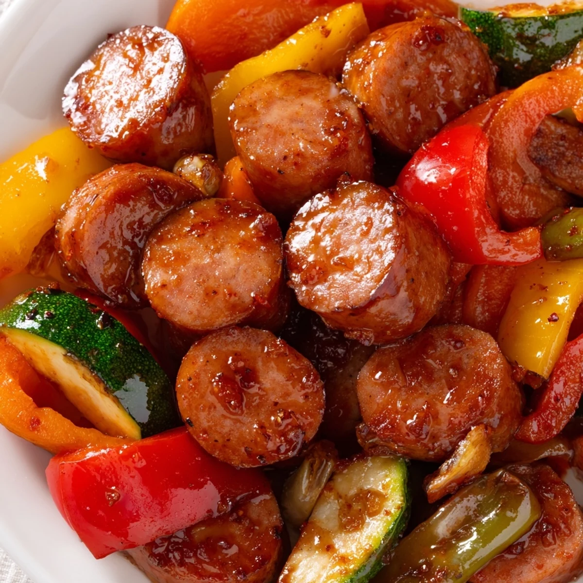 Golden honey garlic kielbasa and vegetables glistening in a savory sweet glaze