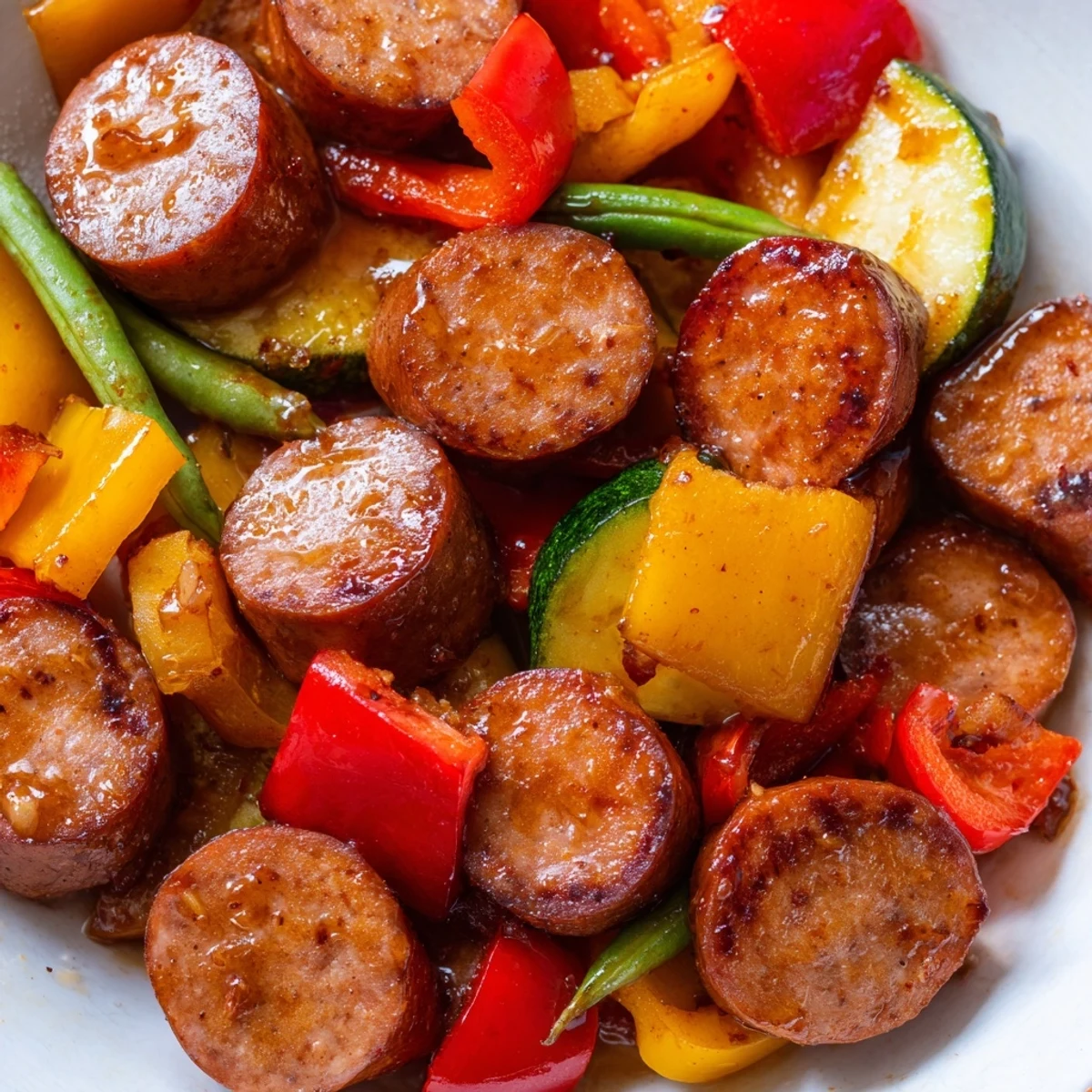 Colorful bell peppers and smoky kielbasa coated in sticky honey garlic sauce