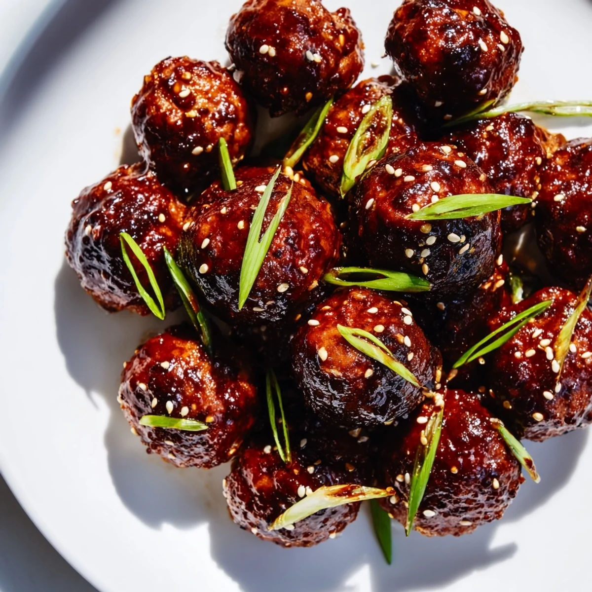 Golden brown Korean BBQ meatballs topped with sesame seeds and sliced green onions on a white platter