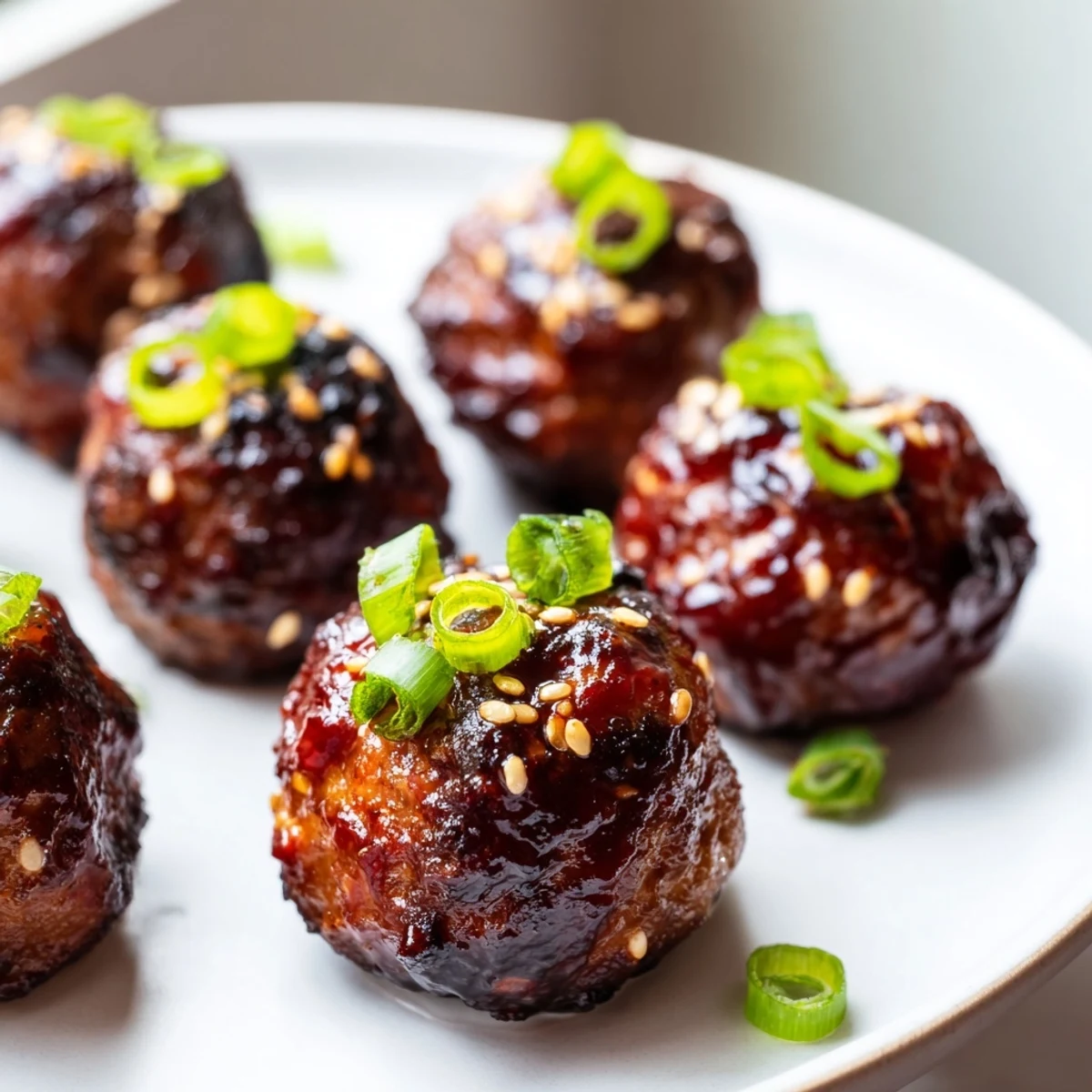 Juicy Korean BBQ meatballs with caramelized glaze served alongside creamy orange spicy mayo dipping sauce