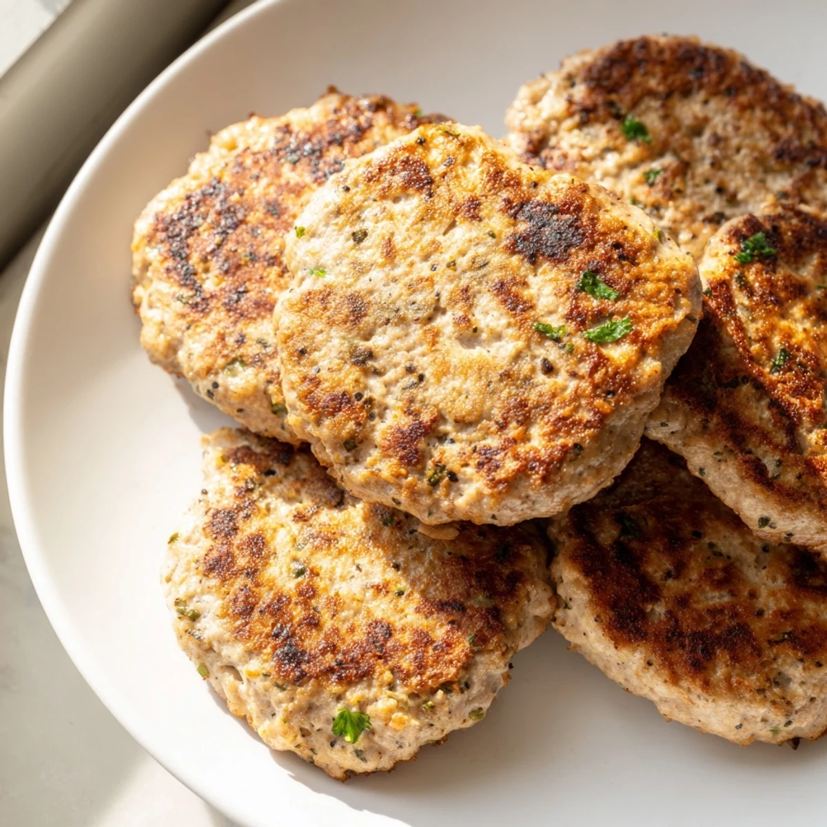 Golden brown ground turkey sausage patties sizzling in a cast iron skillet