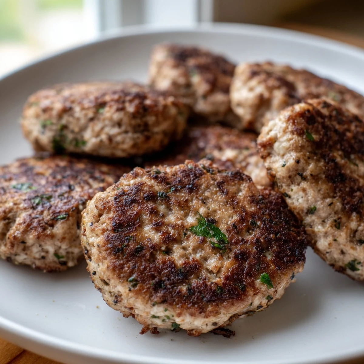 Seasoned ground turkey sausage shaped into juicy breakfast patties on a white plate